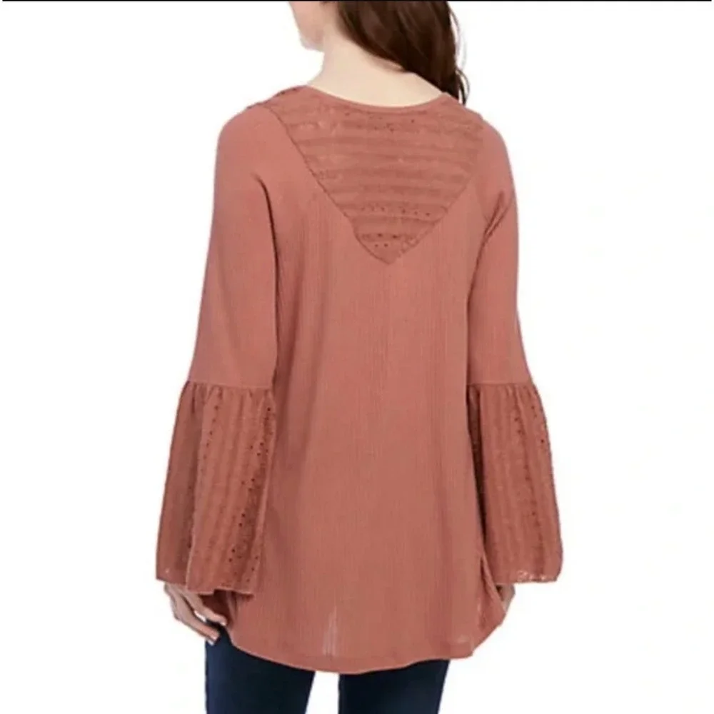 Free People Parisian Nights Rose Ribbed Bell Sleeve Eyelet Top Womens Small Boho